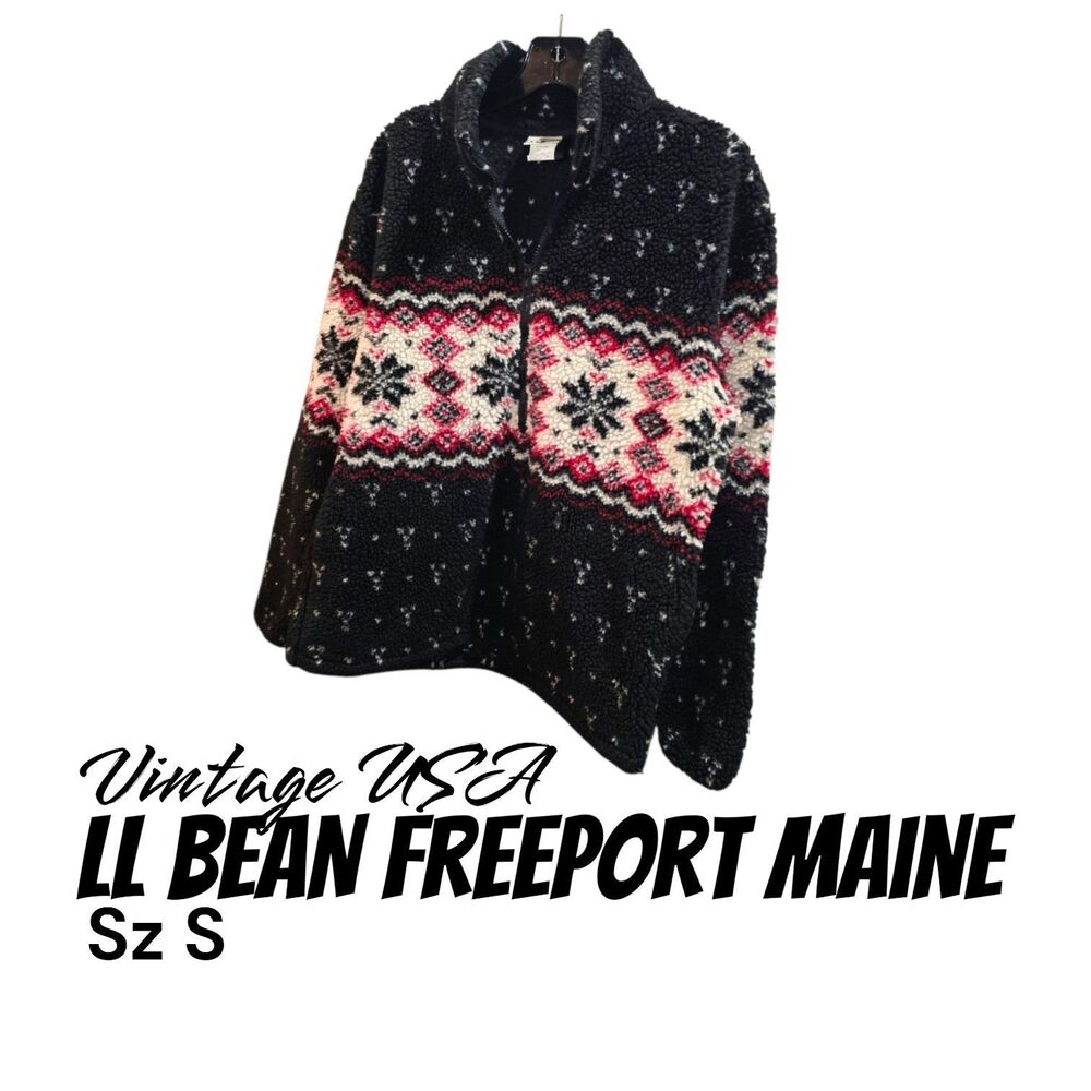 L.L. Bean Sz S ¼ Zip Vintage USA Black Red Fair Isle Nordic Sherpa  Ski Sweater